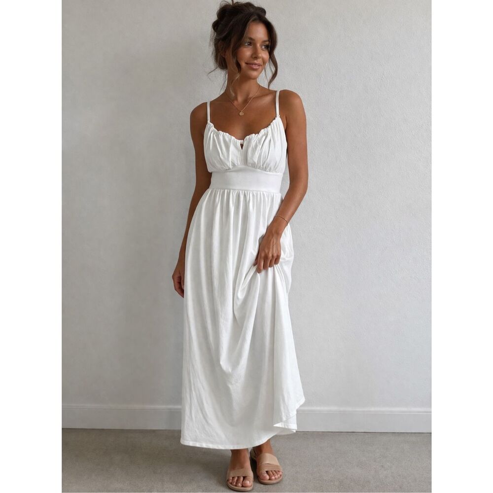 Old Navy White Midi Dress Spaghetti Adjustable Strap Smocked Bodice Sz L